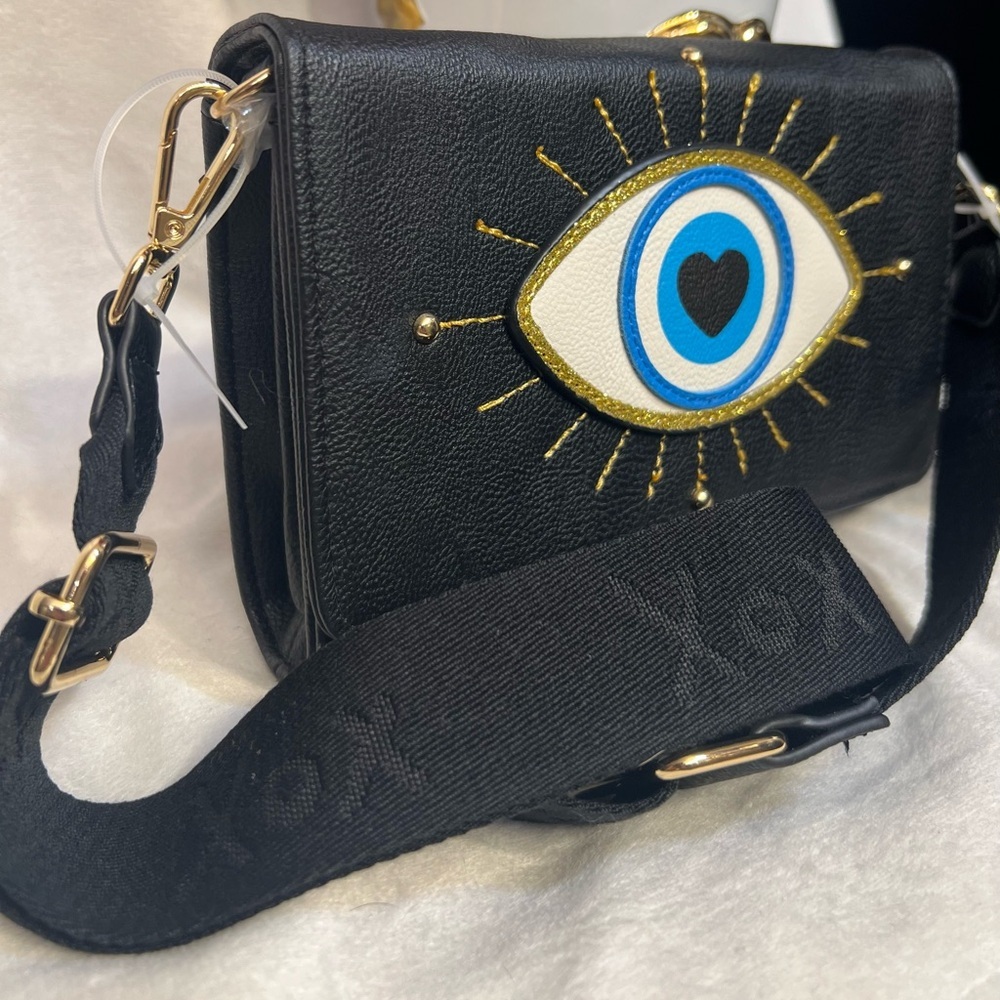 Betsey Johnson Black Crossbody Bag with Blue & White Eye Motif - Picture 4 of 13